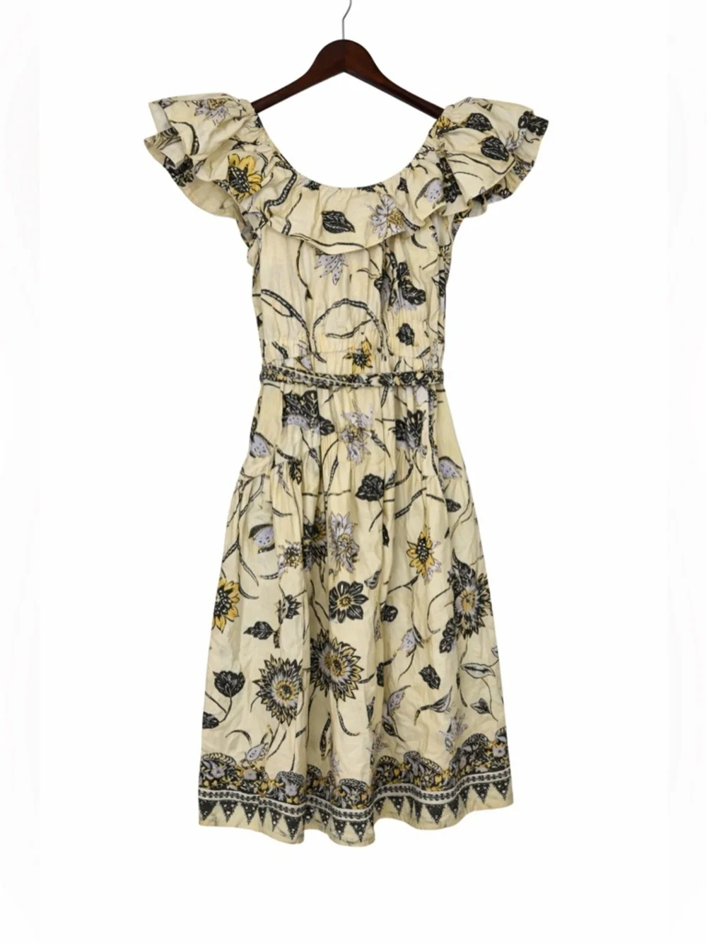 Ulla Johnson Yellow Floral Butterfly Midi Dress Sz 2 Boho Cotton Belted - Picture 7 of 11